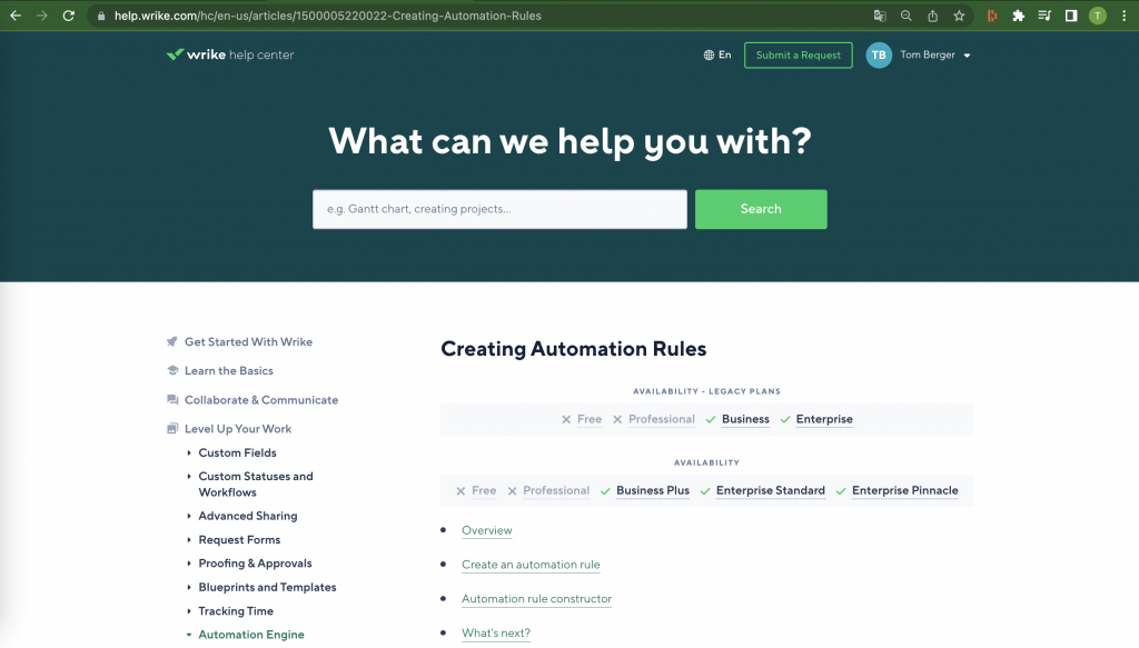 Help artikelen bij Wrike geven aan voor welk plan het relevant is.
