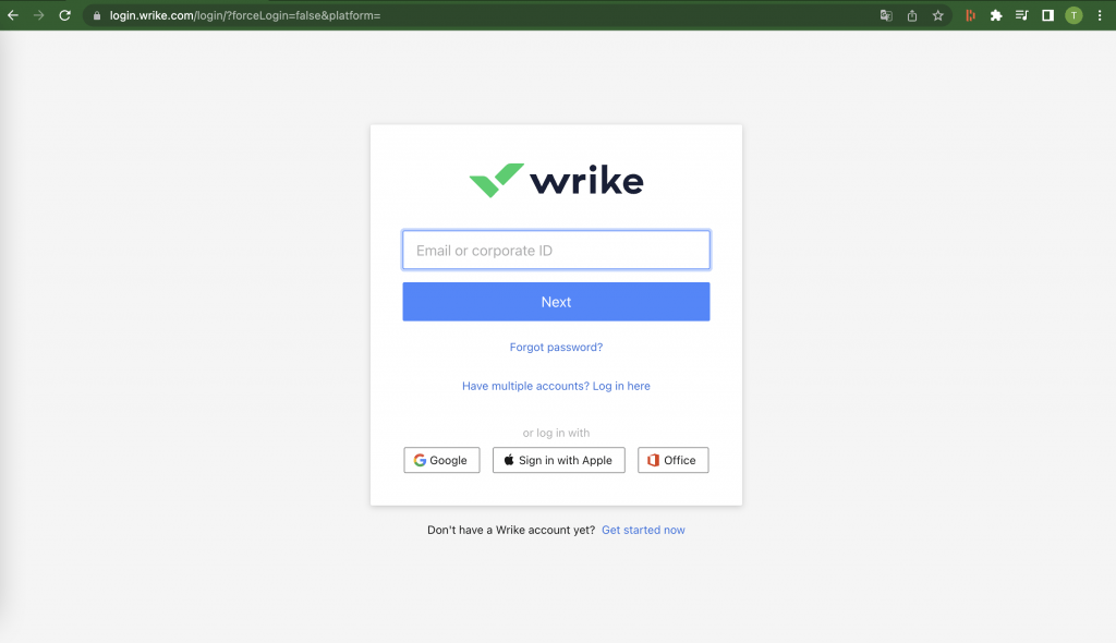 Wrike inloggen via Office, Google en Apple