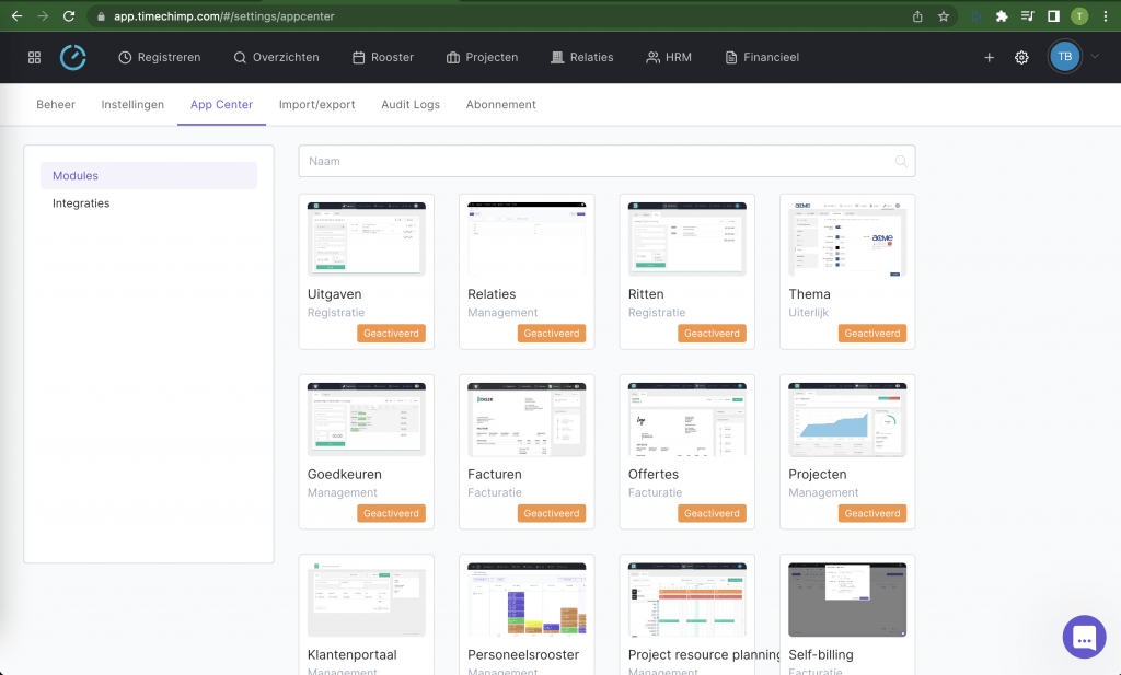 Modules selecteren in TimeChimp