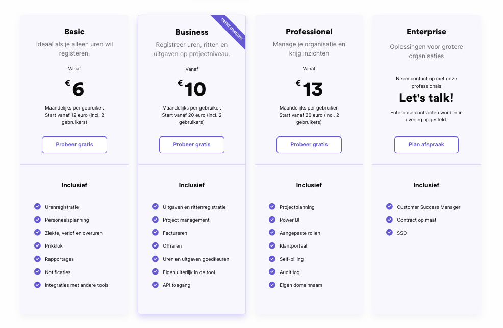 Prijzen en pakketten bij TimeChimp

