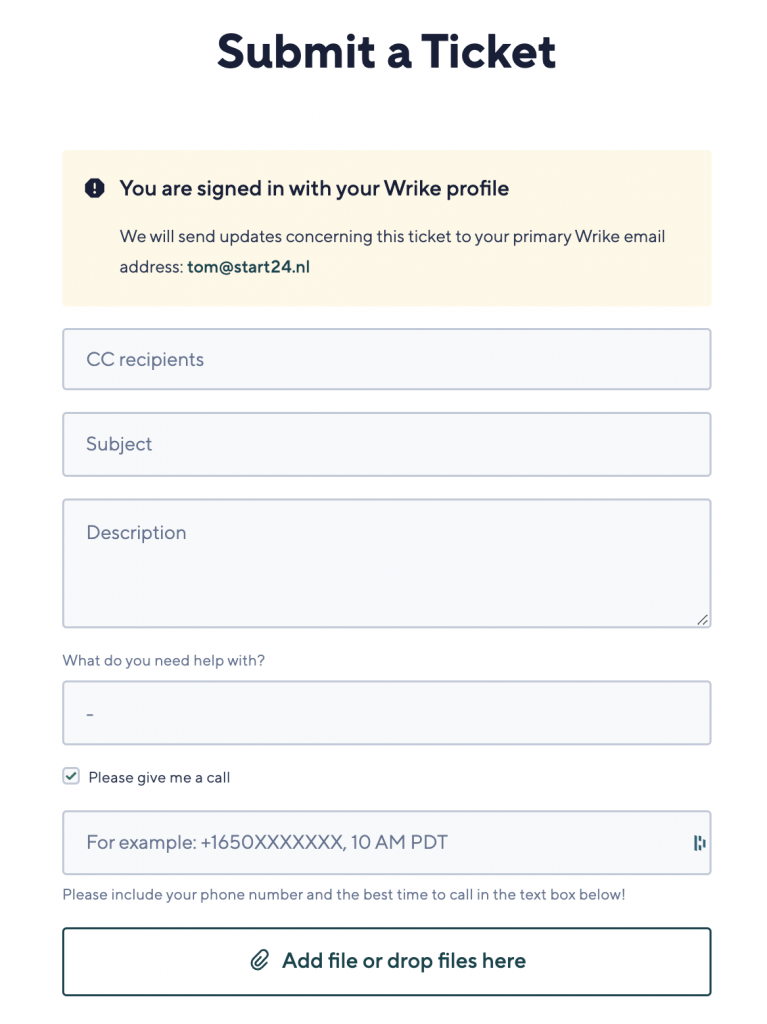 Wrike werkt met een ticketsysteem