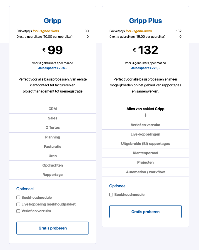 De pricing van Gripp is metname geschikt voor middelgrote en grotere klanten